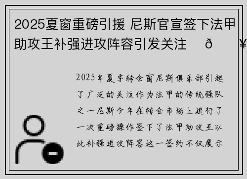 2025夏窗重磅引援 尼斯官宣签下法甲助攻王补强进攻阵容引发关注 ⚽🔥