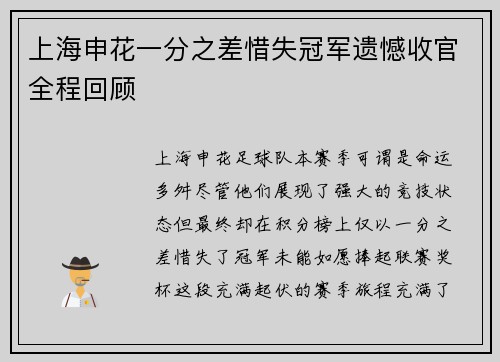 上海申花一分之差惜失冠军遗憾收官全程回顾 上海申花一分之差惜失冠军遗憾收官全程回顾
