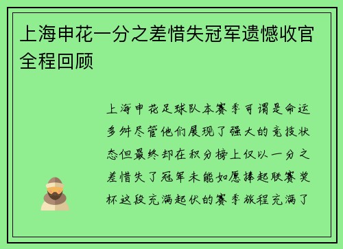 上海申花一分之差惜失冠军遗憾收官全程回顾 上海申花一分之差惜失冠军遗憾收官全程回顾